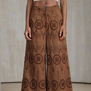 Brown Elegant Women's High-Waisted Relaxed Fit Embroidered Pants For